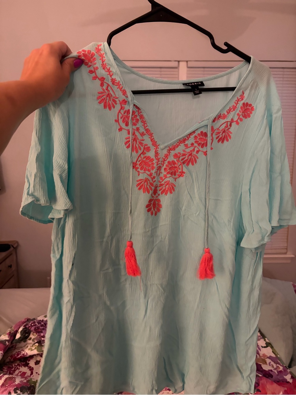 Torrid  Embroidered Tassel V-Neck Tunic Top - Light Aqua/Coral